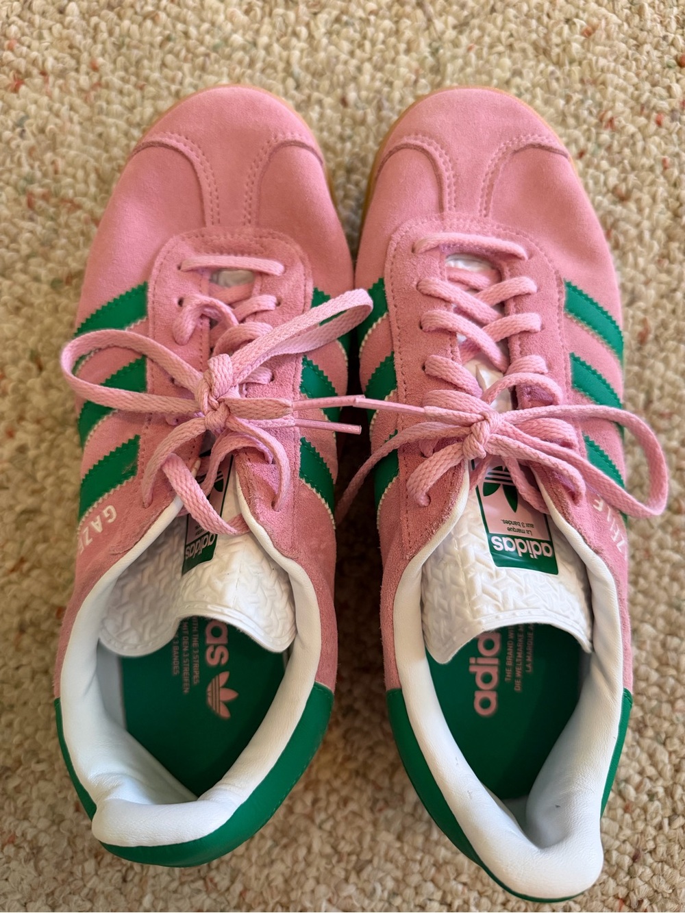 adidas Pink Suede Gazelle Sneakers with Green Stripes